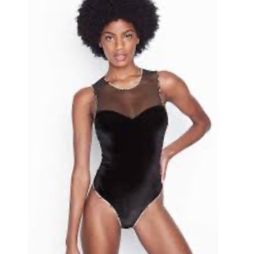 EUC Victoria’s Secret Black Mesh Velvet Bodysuit Size Small